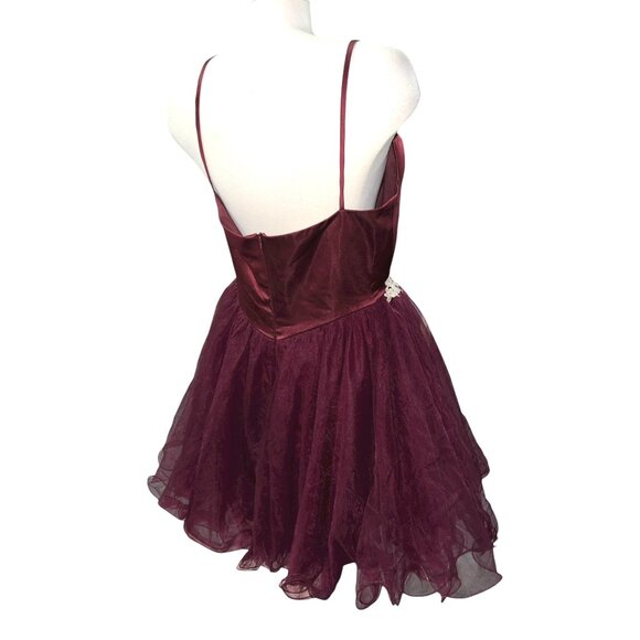 Hebeos Burgundy Tulle Short Party Dress Size Sz XL Womens Lace Appliqué Spaghett - Picture 2 of 9